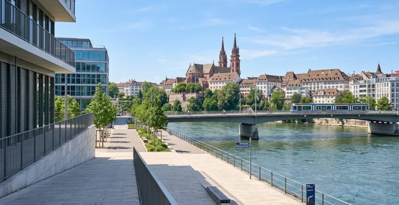 Weitwinkelaufnahme der Basler Altstadt mit dem charakteristischen Münster im Hintergrund bei hellem Tageslicht