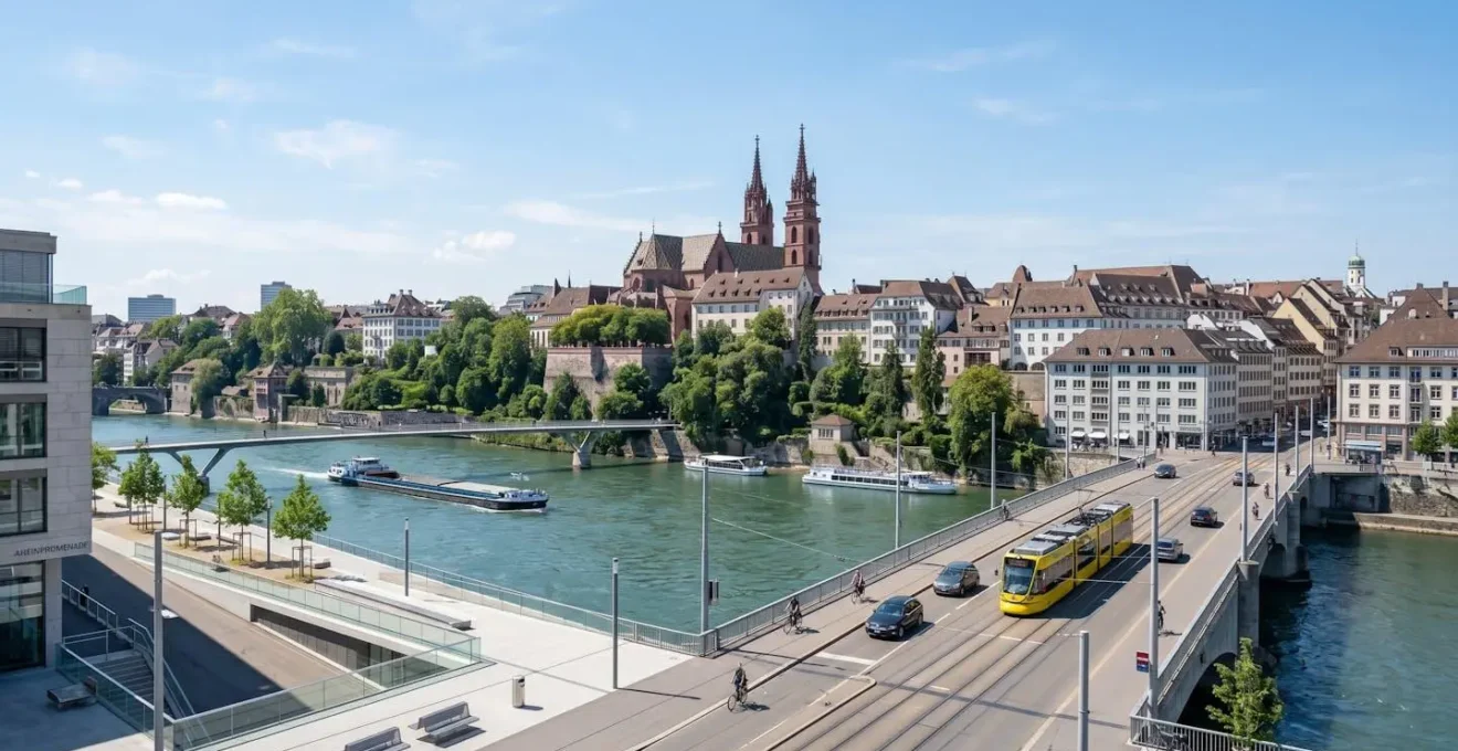 Weitwinkelaufnahme der Basler Altstadt mit dem charakteristischen Münster im Hintergrund bei hellem Tageslicht