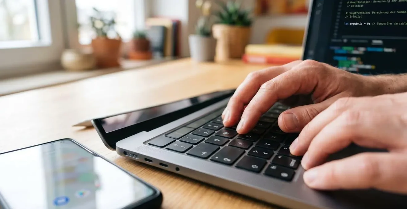 Nahaufnahme von Händen, die auf einer Laptop-Tastatur tippen, neben einem Smartphone mit verschwommenem Bildschirminhalt auf einem sauberen modernen Schreibtisch