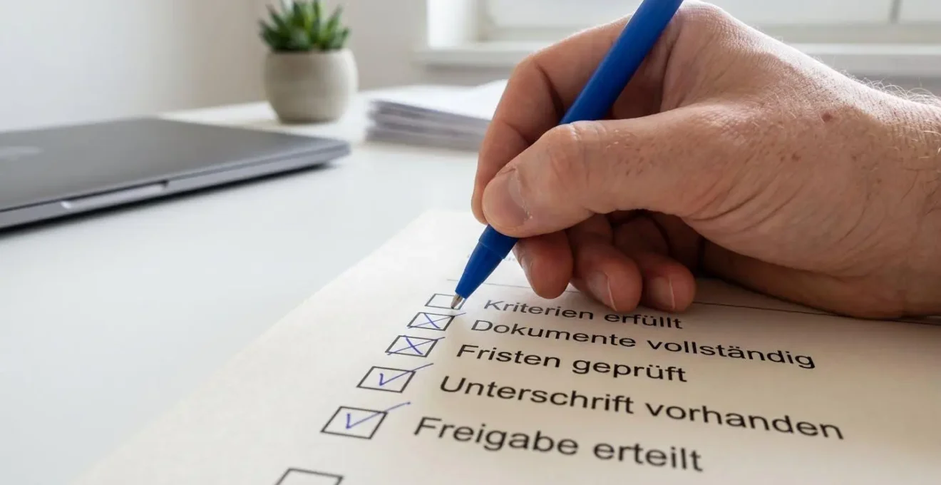 Nahaufnahme einer Hand, die mit einem Kugelschreiber Punkte auf einer gedruckten Checkliste markiert