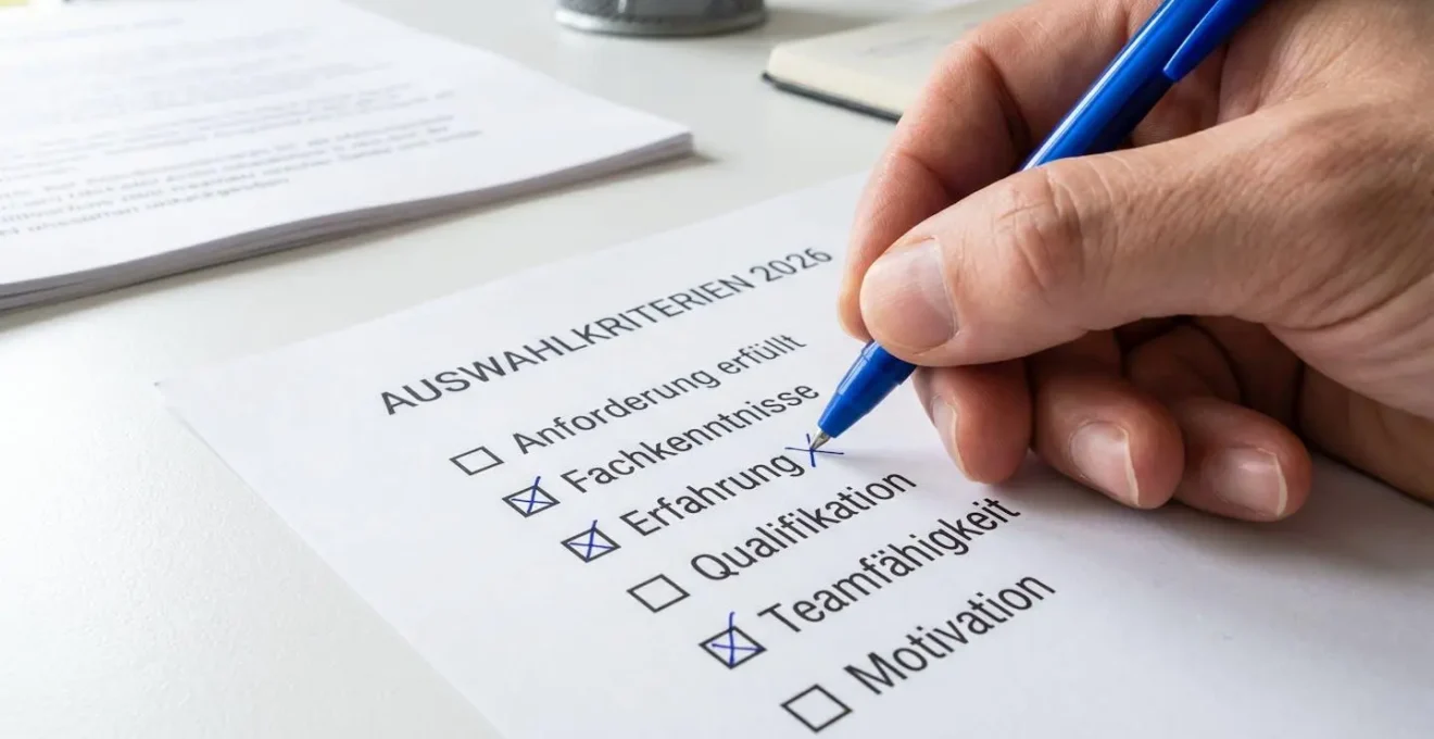 Nahaufnahme einer Hand, die mit einem Kugelschreiber Punkte auf einer gedruckten Checkliste markiert