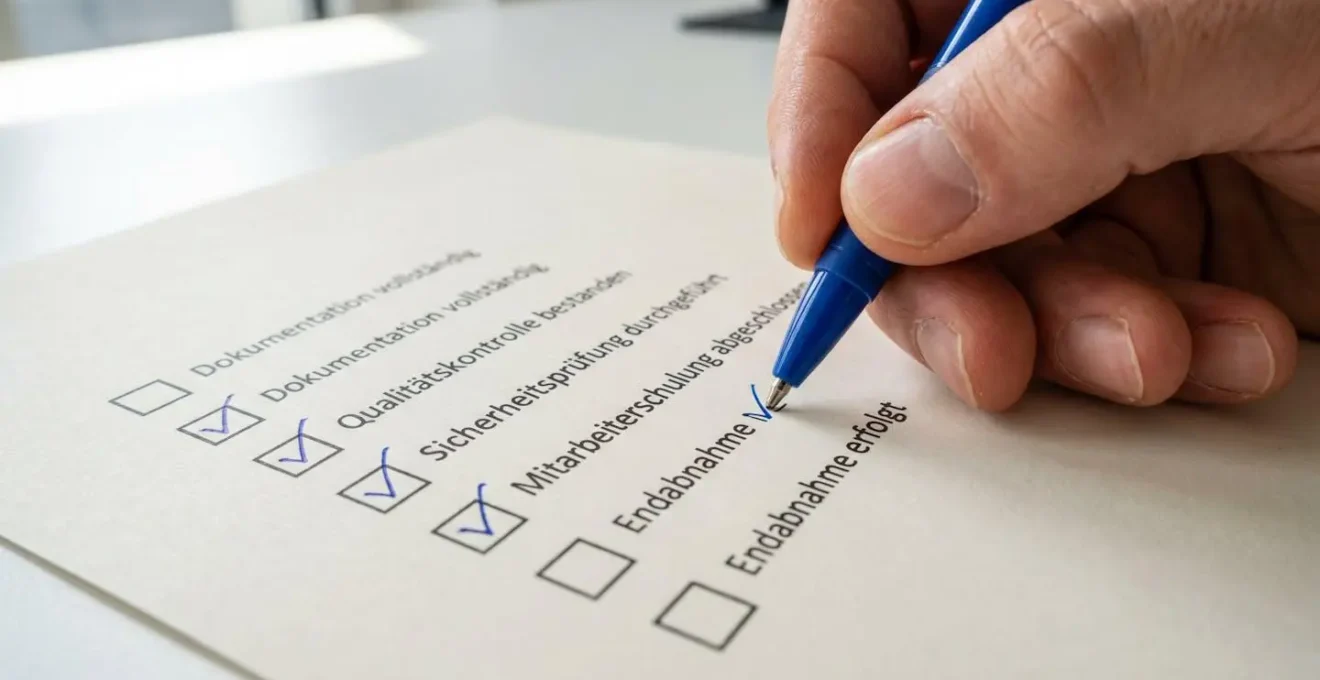 Nahaufnahme einer Hand, die mit einem Kugelschreiber Punkte auf einer gedruckten Checkliste markiert