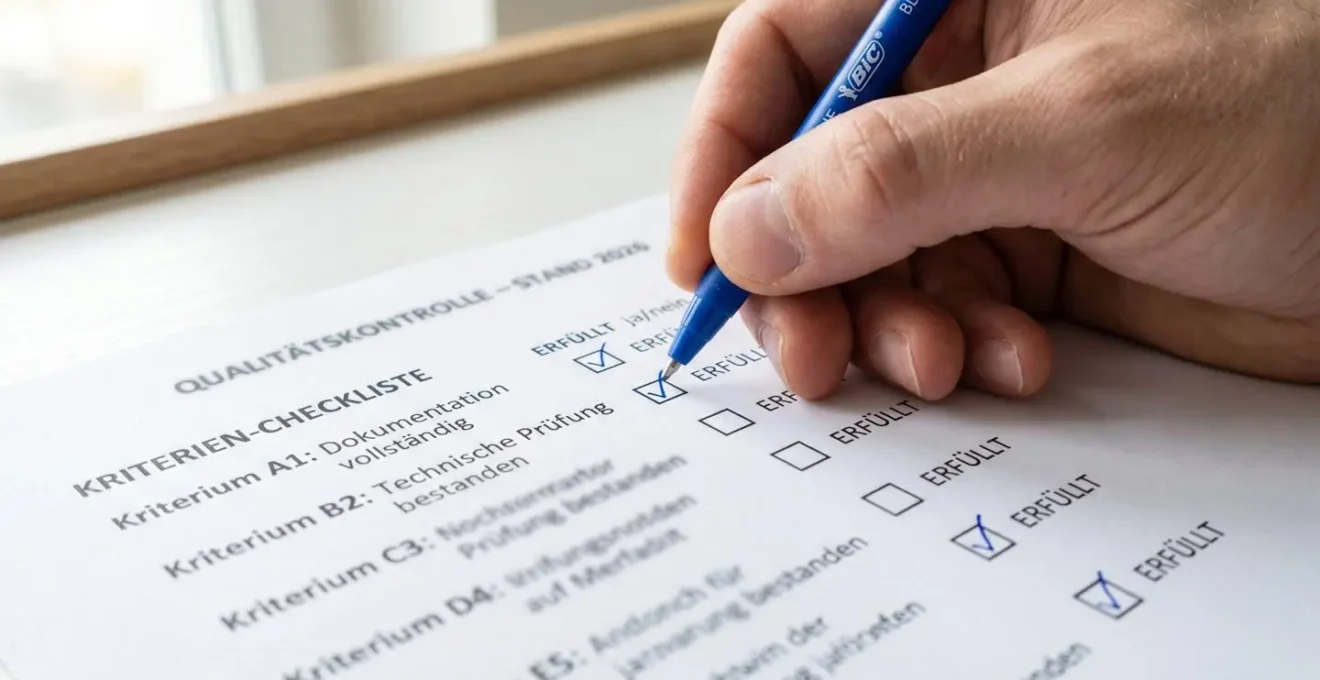 Nahaufnahme einer Hand, die mit einem Kugelschreiber Punkte auf einer gedruckten Checkliste markiert