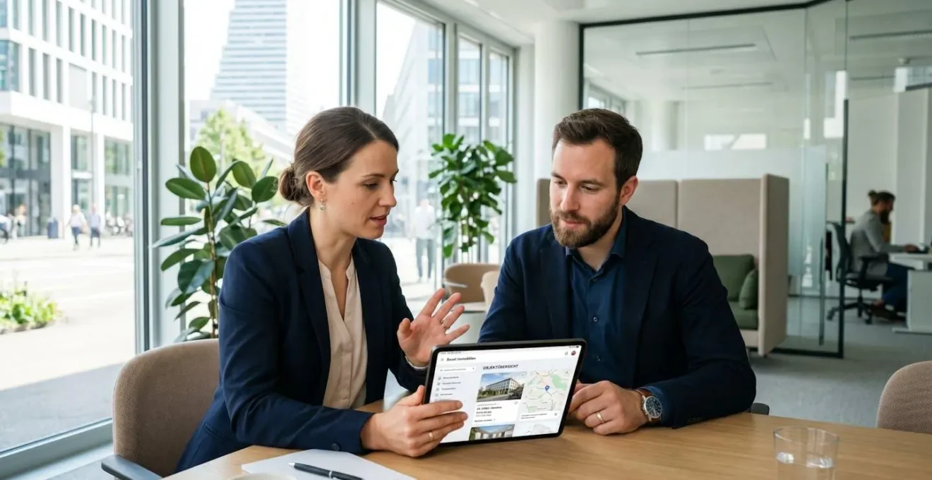 Zwei Personen in geschäftlicher Kleidung besprechen Immobilienunterlagen an einem Tisch in einem hellen, modernen Büro
