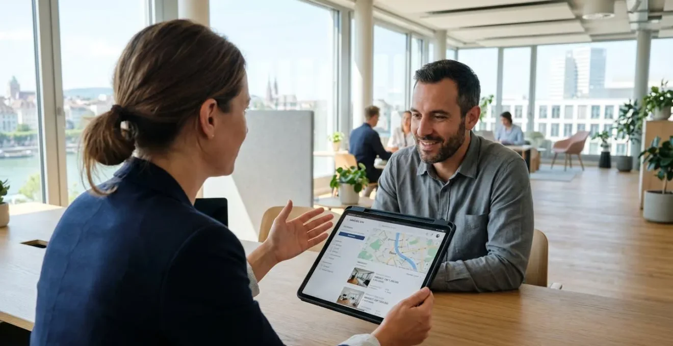 Zwei Personen in geschäftlicher Kleidung besprechen Immobilienunterlagen an einem Tisch in einem hellen, modernen Büro