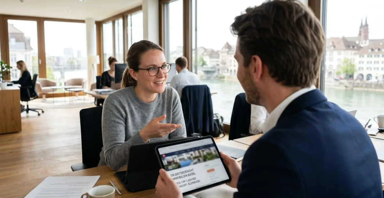 Zwei Personen in geschäftlicher Kleidung besprechen Immobilienunterlagen an einem Tisch in einem hellen, modernen Büro