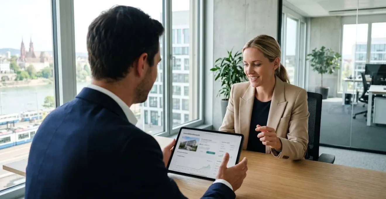 Zwei Personen in geschäftlicher Kleidung besprechen Immobilienunterlagen an einem Tisch in einem hellen, modernen Büro