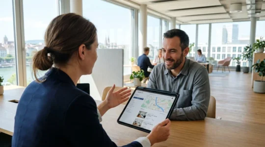 Zwei Personen in geschäftlicher Kleidung besprechen Immobilienunterlagen an einem Tisch in einem hellen, modernen Büro
