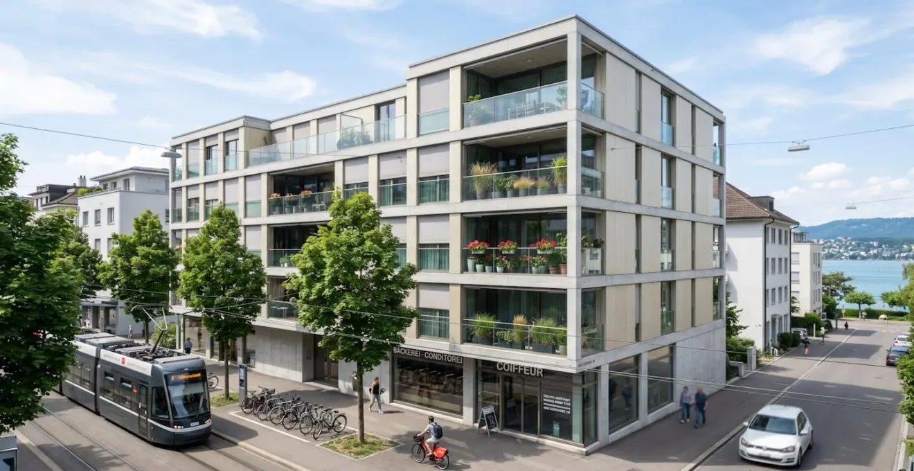 Moderne Schweizer Wohnanlage mit sauberer zeitgenössischer Architektur in Zürich, aufgenommen bei hellem Tageslicht