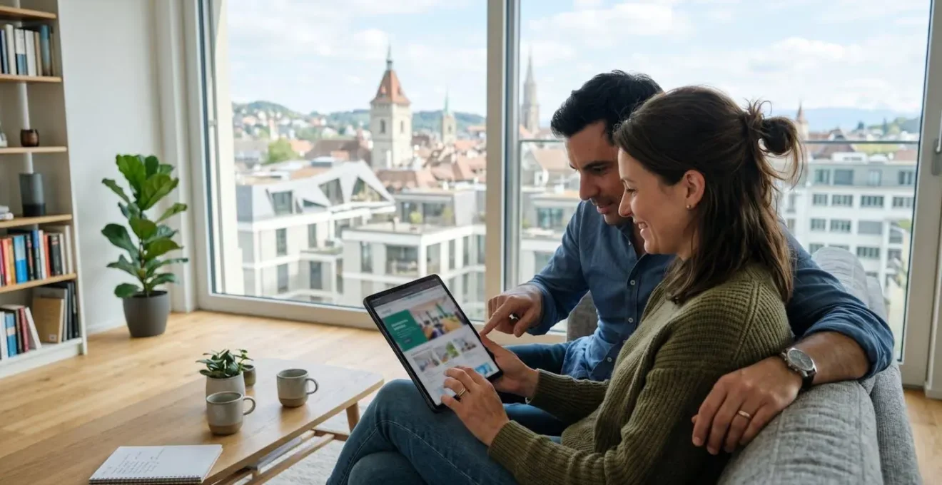 Ein Paar sitzt gemeinsam auf einem Sofa und betrachtet eine Immobilienbewertung auf einem Tablet in einem hellen, modernen Wohnzimmer